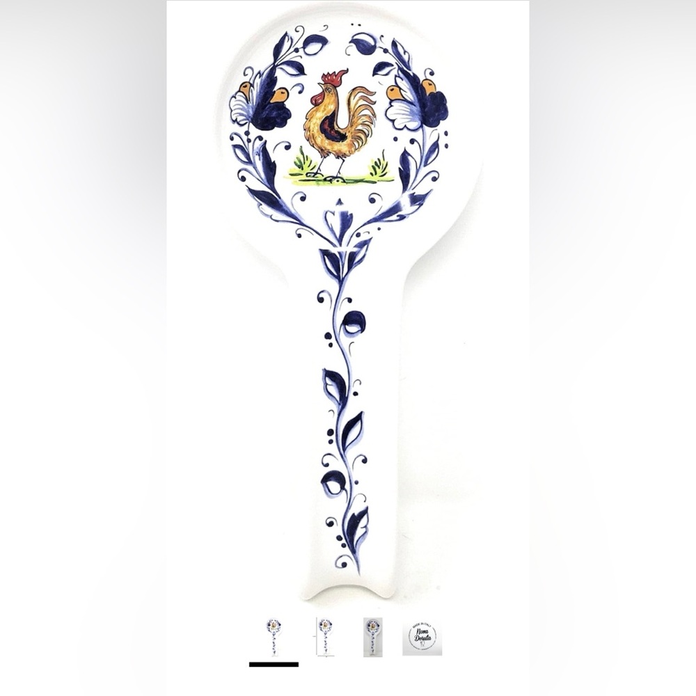 Nova Deruta Kitchen Oven Spoon Rest With Rooster Italy Blue Floral Farm Print